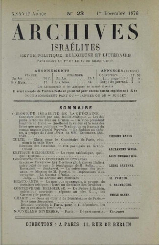 Archives israélites de France. Vol.37 N°23 (01 déc. 1876)